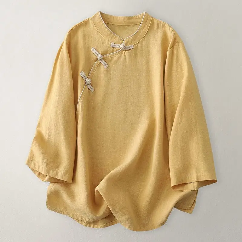 Summer Women New Chinese Tea Wear Top, Zen Improved Tang Suit, Frog‑Button 5‑Point Sleeve Linen‑Cotton Vintage Casual Blouse