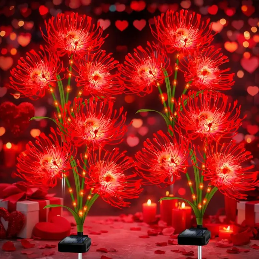 

Садовые светильники для цветов, 4 штуки, красные, в форме паучьей лилии, водонепроницаемые, со светящимися стеблями, элегантный декор для двора и патио, идеально подходят для Дня святого Валентина.