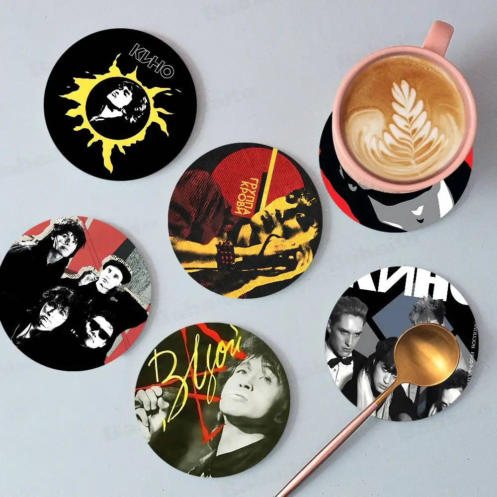Classic Russian Rock Band K-Kino Round Coasters Insulated Durable Cups Coffee Coaster Plate Mats Home and Decoration Kitchen