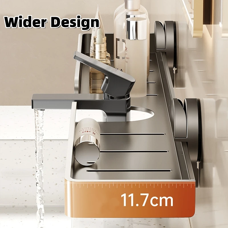 Suction Cup Aluminum Bathroom Faucet Shelf Mirror Front Shelf Organizer with Drainage Wall Mounted Storage Rack No Drilling