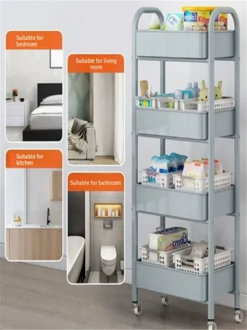 Trolley with Handlebar and Storage Rack, Floor-Standing, Multi-Layer Storage for Kitchen, Bathroom, Snacks, and Toiletries