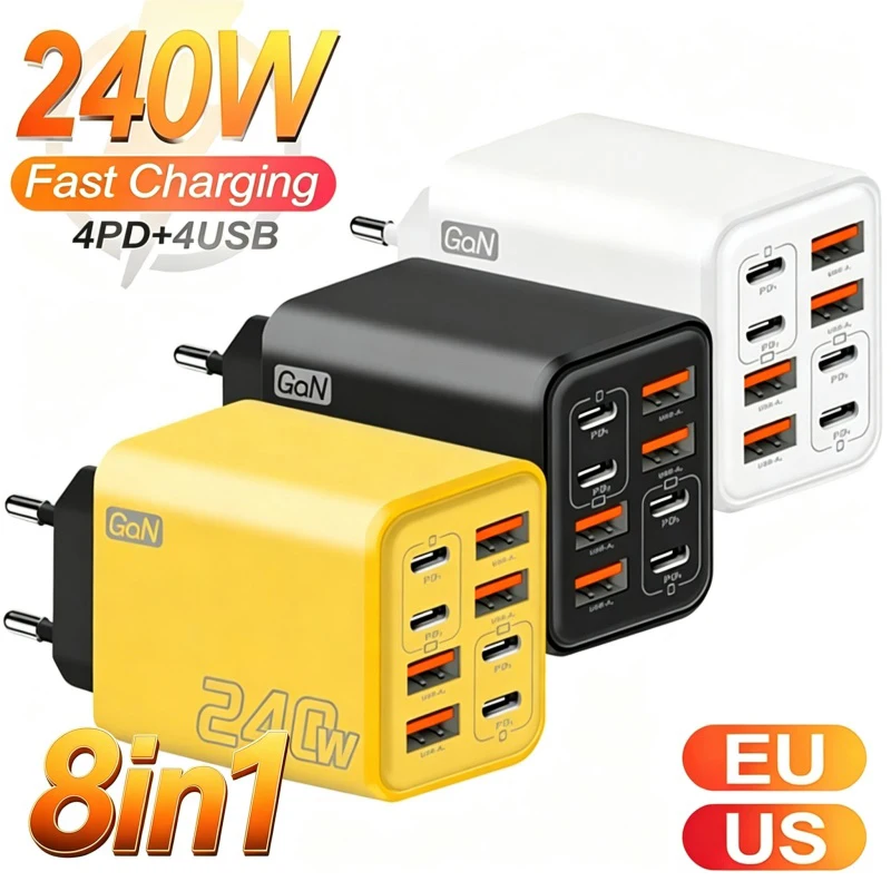 240W GaN USB C Charger 8 in 1 Fast Charging Phone Charger Power Adapter For iPhone Samsung Xiaomi Type C EU/US Plug Wall Charger