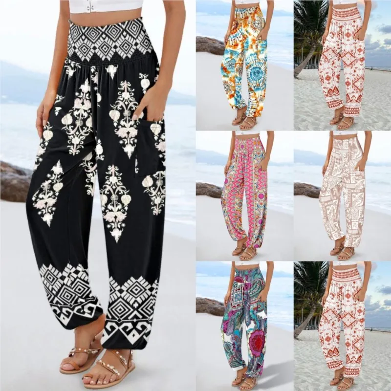 Beach Vacation Spring Summer Long Pant Women High Waist Wide Leg Trousers Print Boho Casual Fashion Loose Elegant Pant For Women
