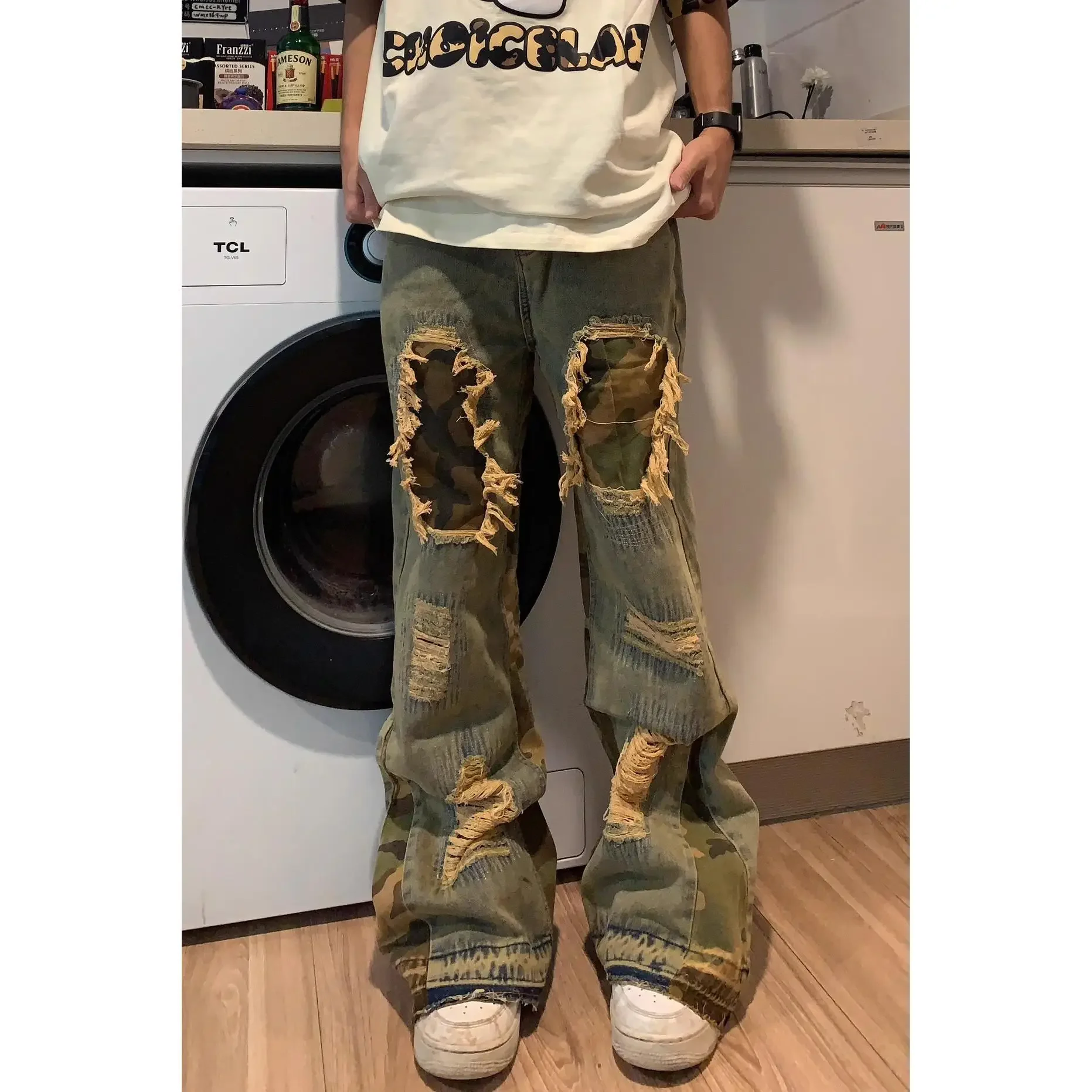 American Spring and Autumn Men and Women Trendy Personalized Splicing Straight leg Jeans Couple Loose Retro Casual Pants y2