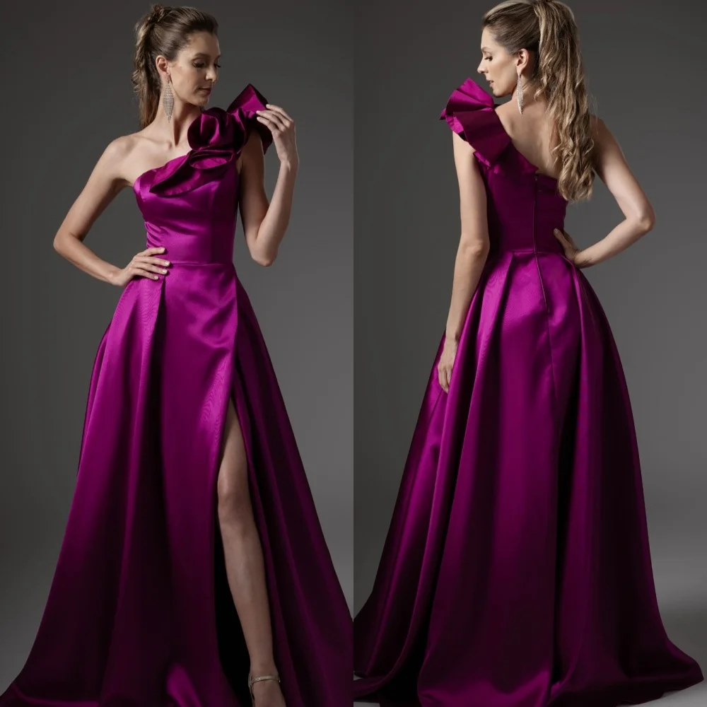 

Retro Exquisite Satin Pleat Ruched Draped A-line One-shoulder Long Dresses Cocktail Dresses Matching Fashion Formal Classic