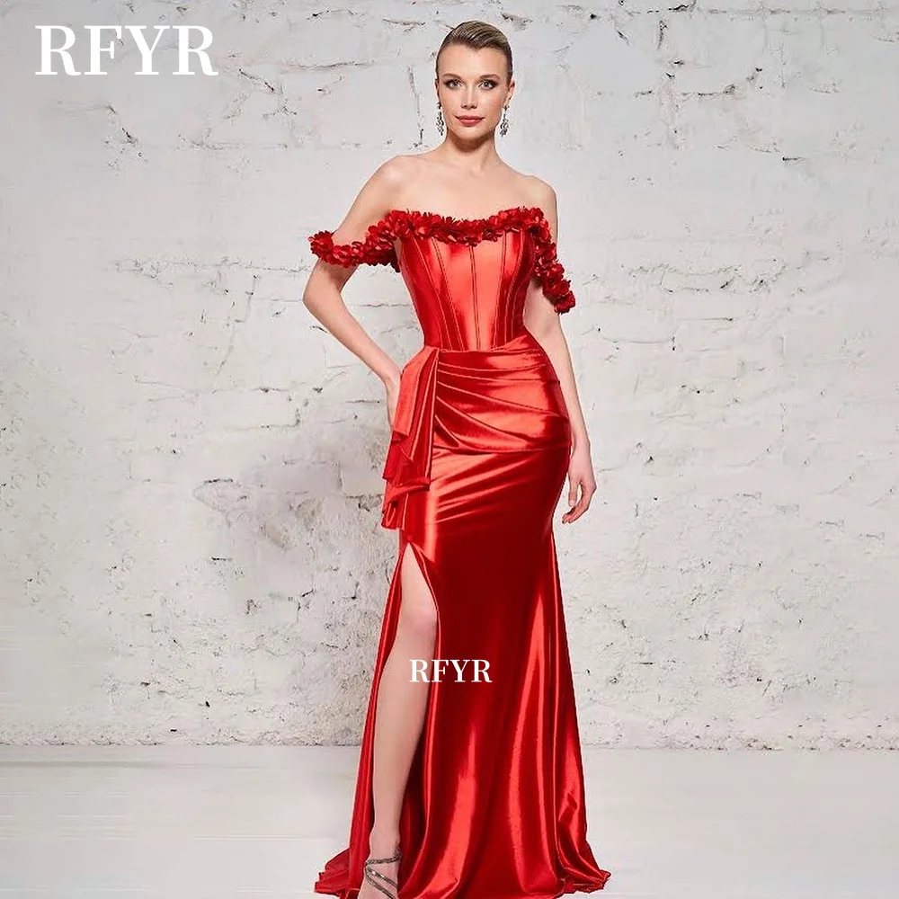 

RFYR Mermaid Evening Dress Off Shoulder Party Dress 3D Flowers Dress Side Train Gala Dress for Women Customized