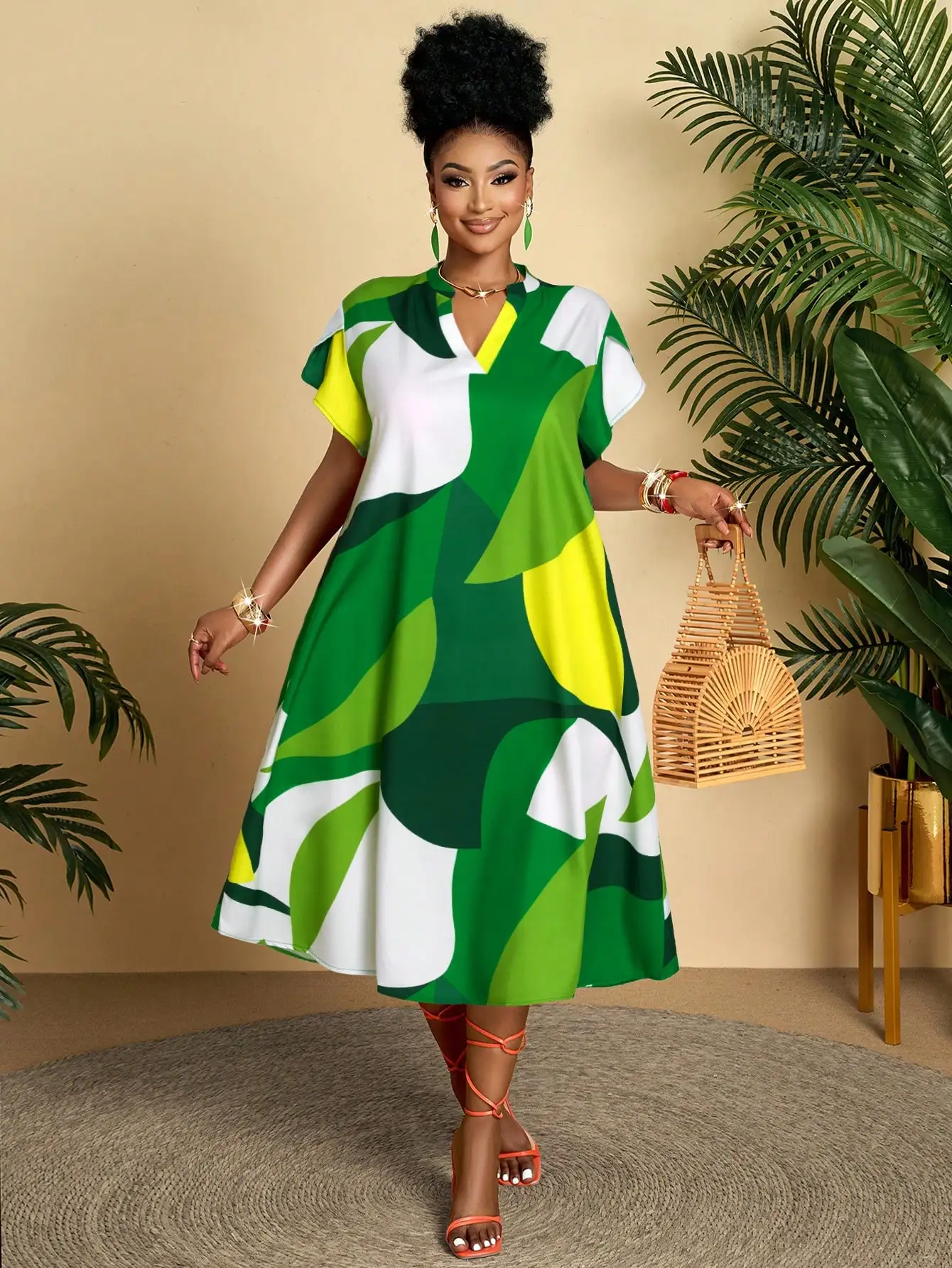

Plus Size Women Casual Geometric Print V-Neck Loose Mid-Length Dress Summer