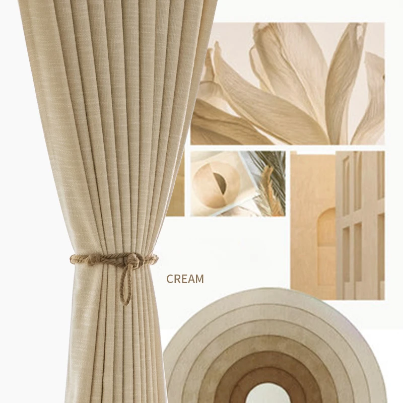 Linen Cream Curtain Bedroom Ins Light Luxury Wood Color Curtains Living Room Modern Simple High End Solid Color Blackout Drapes