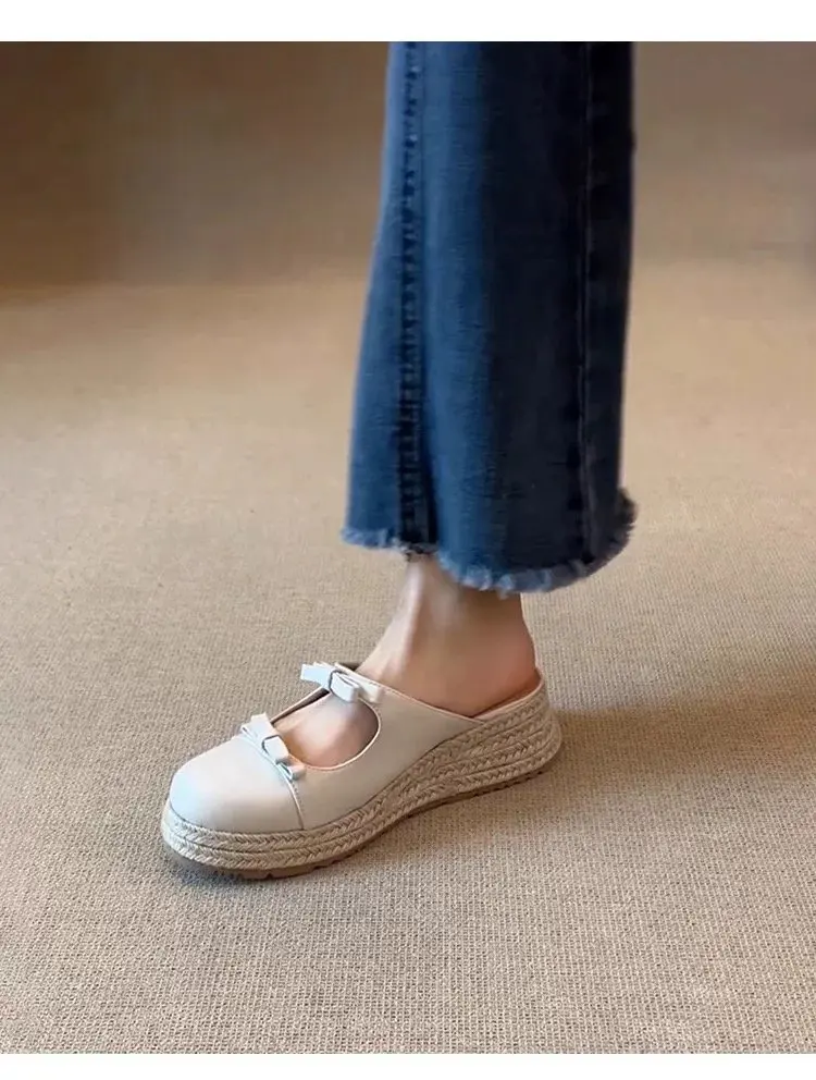 Damen Schleifen-Sandalen mit geschlossener Zehenpartie, Plateau-Espadrille-Keilabsatz, Slipper für den Sommer – Detail 8