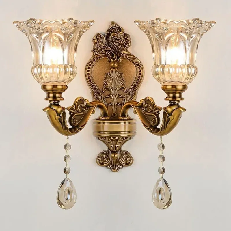2026 New European Style Retro Crystal Glass Wall Lamp Dual Head Living Room Bedroom Indoor Bedside Lamp Corridor Lighting