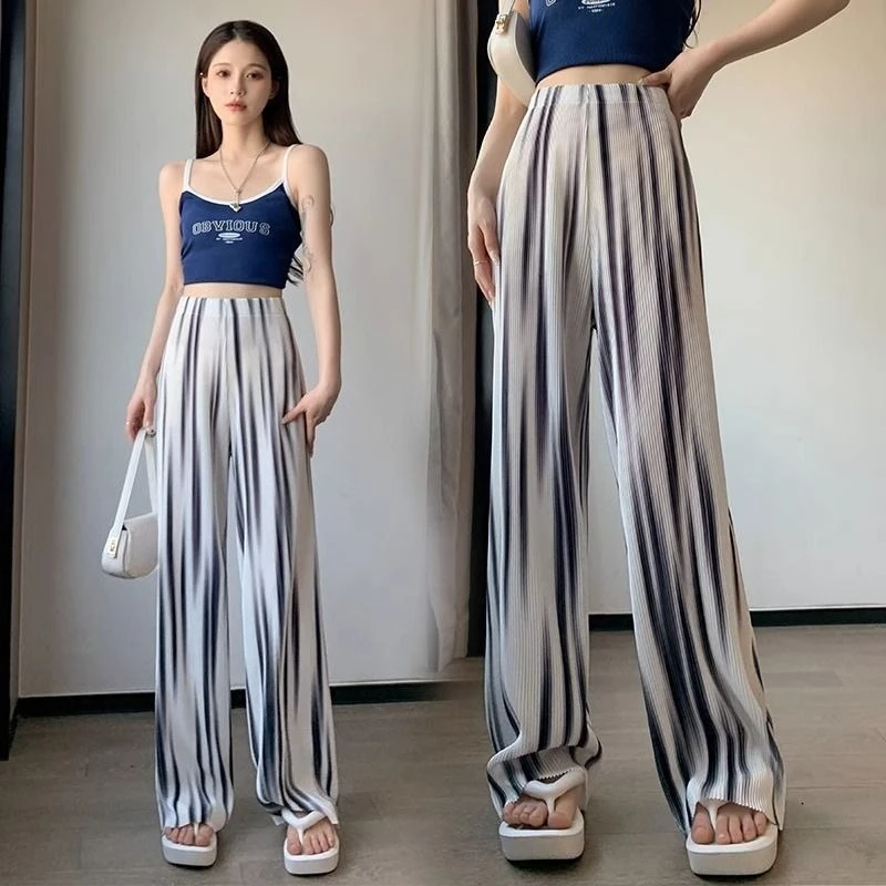 Women Ice Silk Tie Dye Wide Leg Pants Summer High Waist Loose Flattering Flowy Cooling Floor Length Trouser