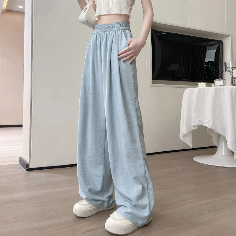 

Брюки женские повседневные из ледяного шелка, свободные тонкие прямые штаны с широкими штанинами, с поясом на резинке, летние