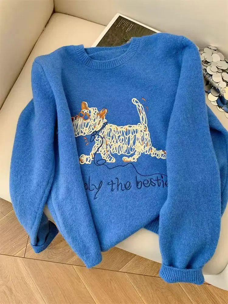 

Klein Blue Embroidery Loose Pullovers Knitted Sweater Women Long Sleeve Round Neck Casual Korean Autumn Winter Jumper Knitwears