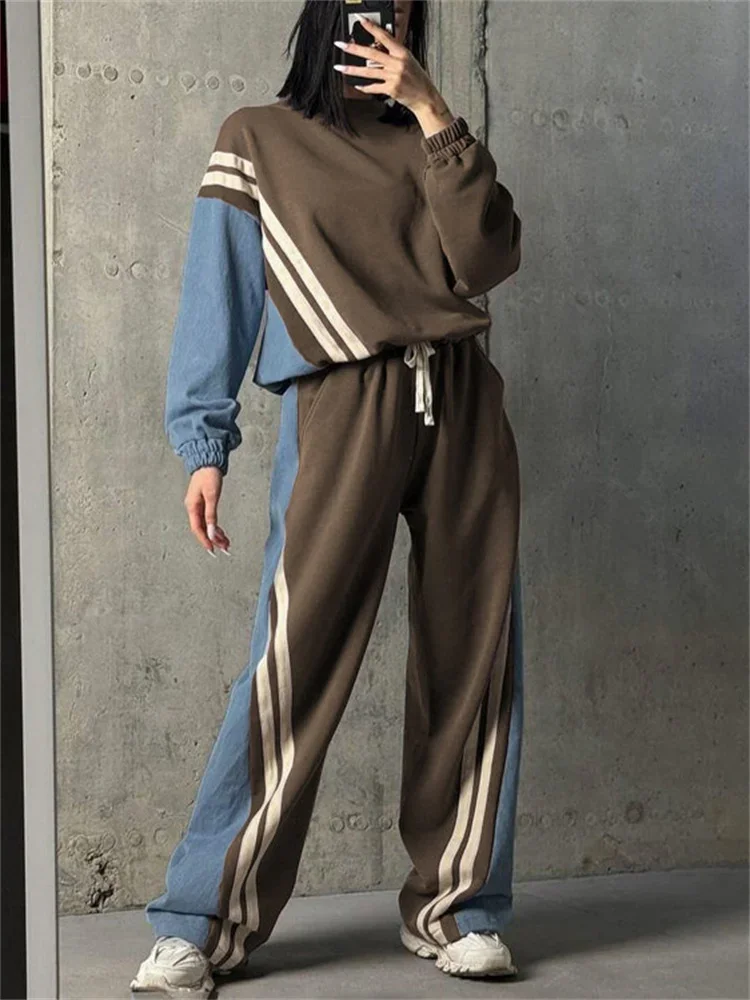 Tossy Ladies 2 Piece-Set Drawstring Trousers Contrast Lace-Up Autumn 2024 Pullover And High Waist Women Pants Outfits Tracksuit