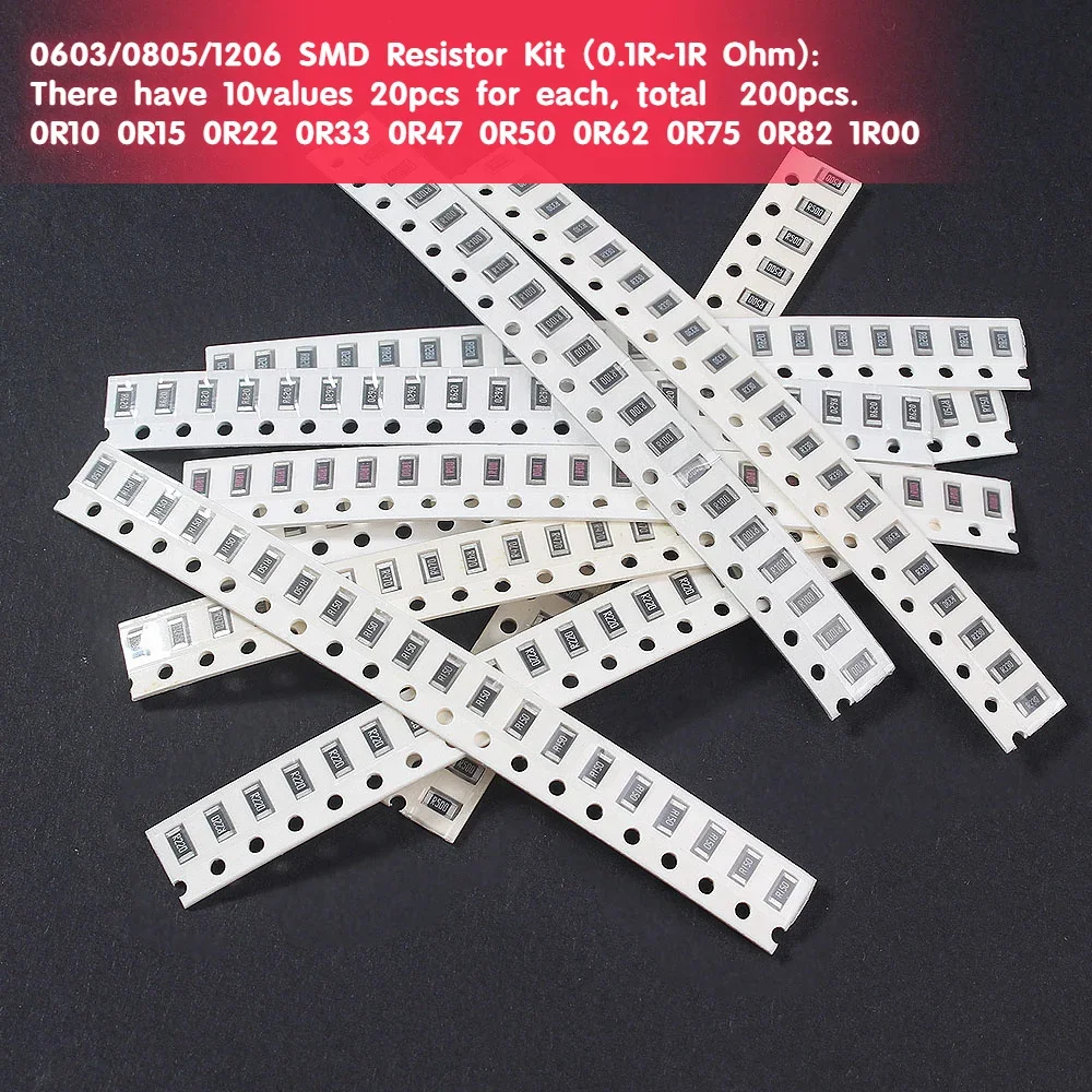 200pcs SMD Resistor Assorted Kit 10 Types*20pcs 0603 0805 1206 0.1R~1R for DIY Electronic Components Set with Hight Precision