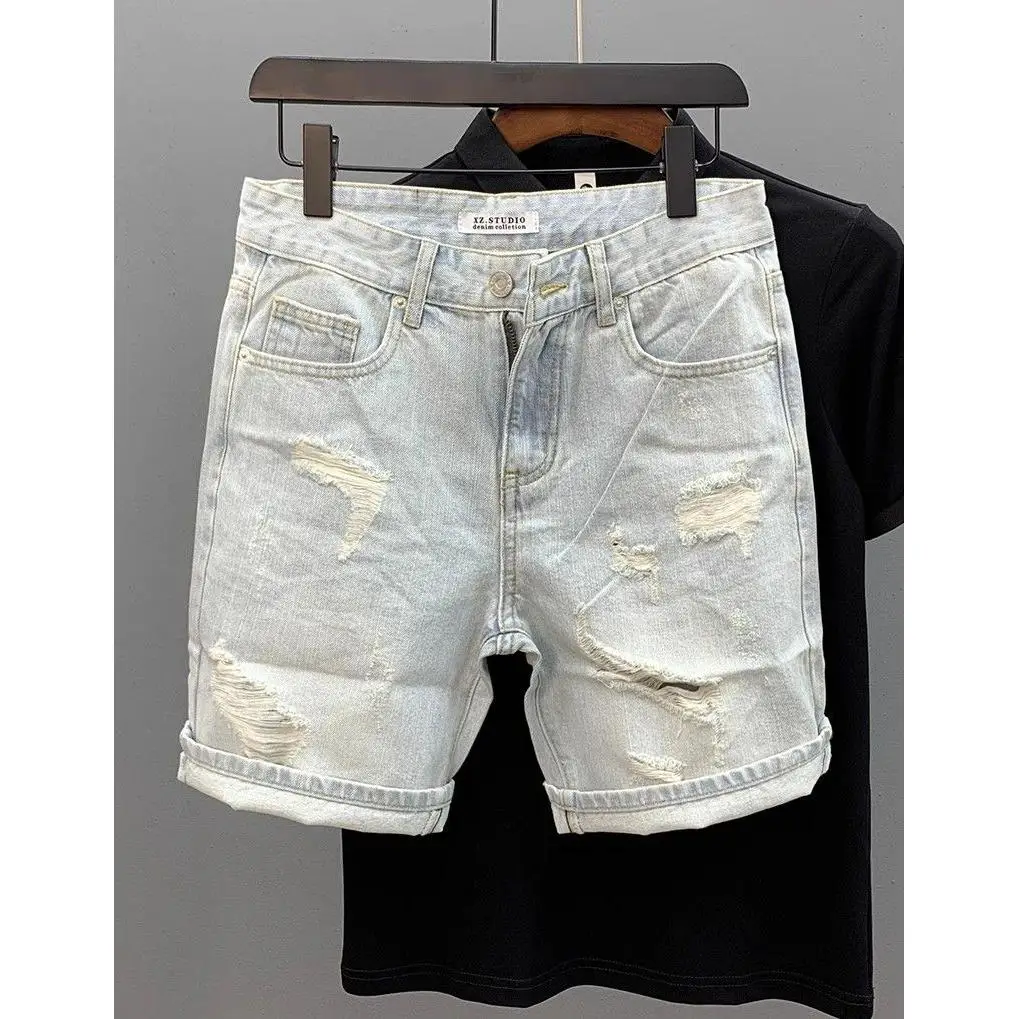 

Мужские джинсы Slim Fit синего цвета, модные, с дырками, в корейском стиле, молодежные, трендовые, летние, повседневные, прямого кроя