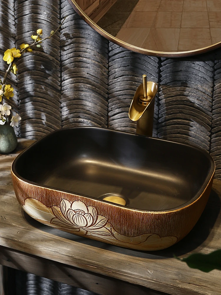 Jingdezhen ceramic countertop basin, retro lotus washbasin, household balcony washbasin, courtyard antique art washbasin