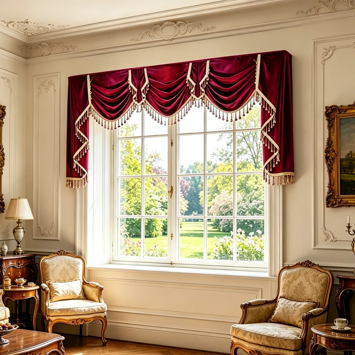 Solid Burgundy Velvet Swag Valance with Bead Tassels & Side Panels, Luxury European Decor Window Header for Living Bedroom