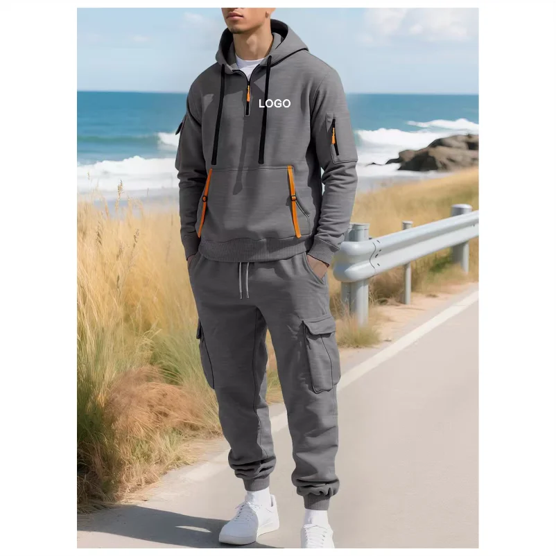 남성용 플리스 안감 후드 집업 멀티 포켓 카하트 작업복 세트 신상 가을/겨울 편안한 후드티 맞춤 로고