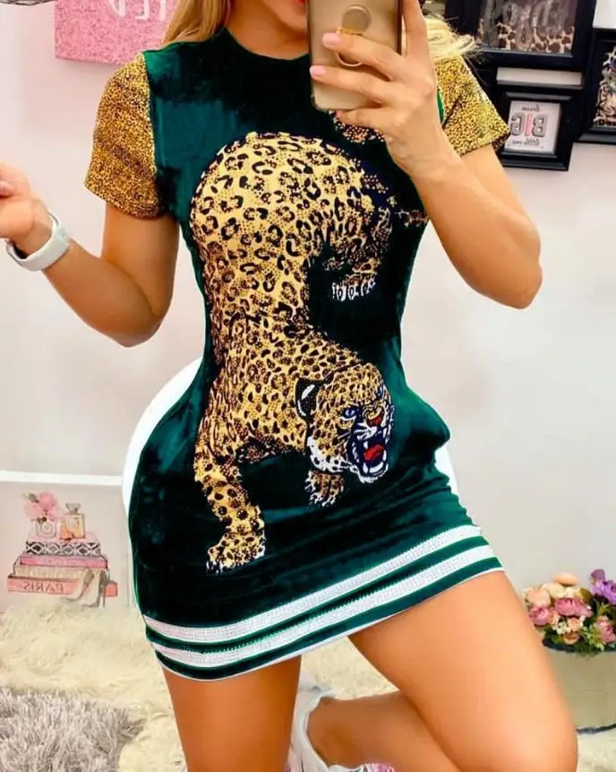 Womens Dresses 2024 Summer Fashion Contrast Paneled Short Sleeve Leopard Print Casual Round Neck Skinny Daily Mini T-Shirt Dress