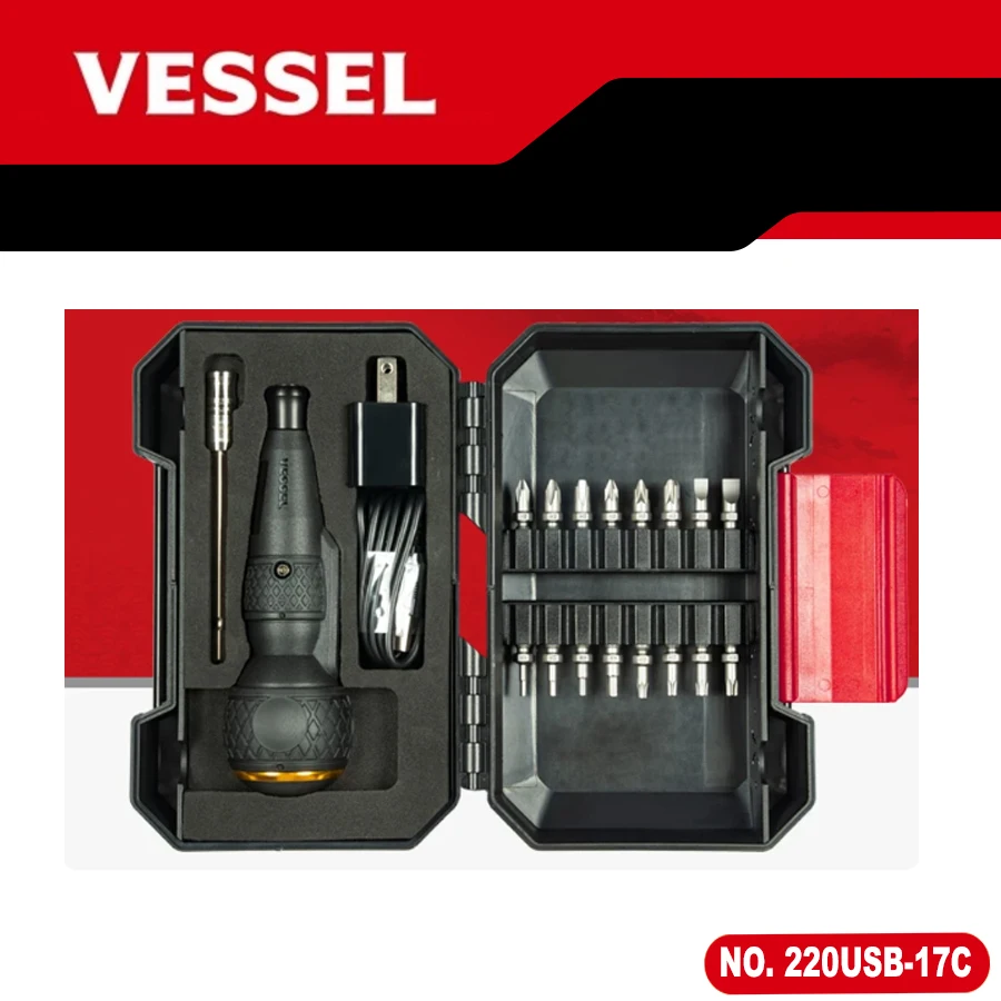 VESSEL 220USB-17C 17PCS USB Rechargeable Electric Screwdriver with Ball Grip PH2 Bit Wireless Tool