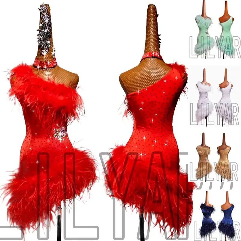 New Latin Dance Skirt Competition Skirt Performance Skirt Adult Custom Red Feather Slant Shoulder Sexy Dance Skirt