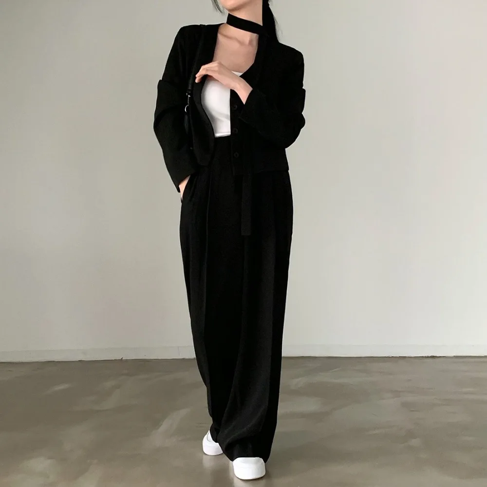 Women\'s Vintage Blazer and Pants Suits Two Pieces Set Outfits Spring Autumn V Neck Jacket with High Waist Long Trousers 2024