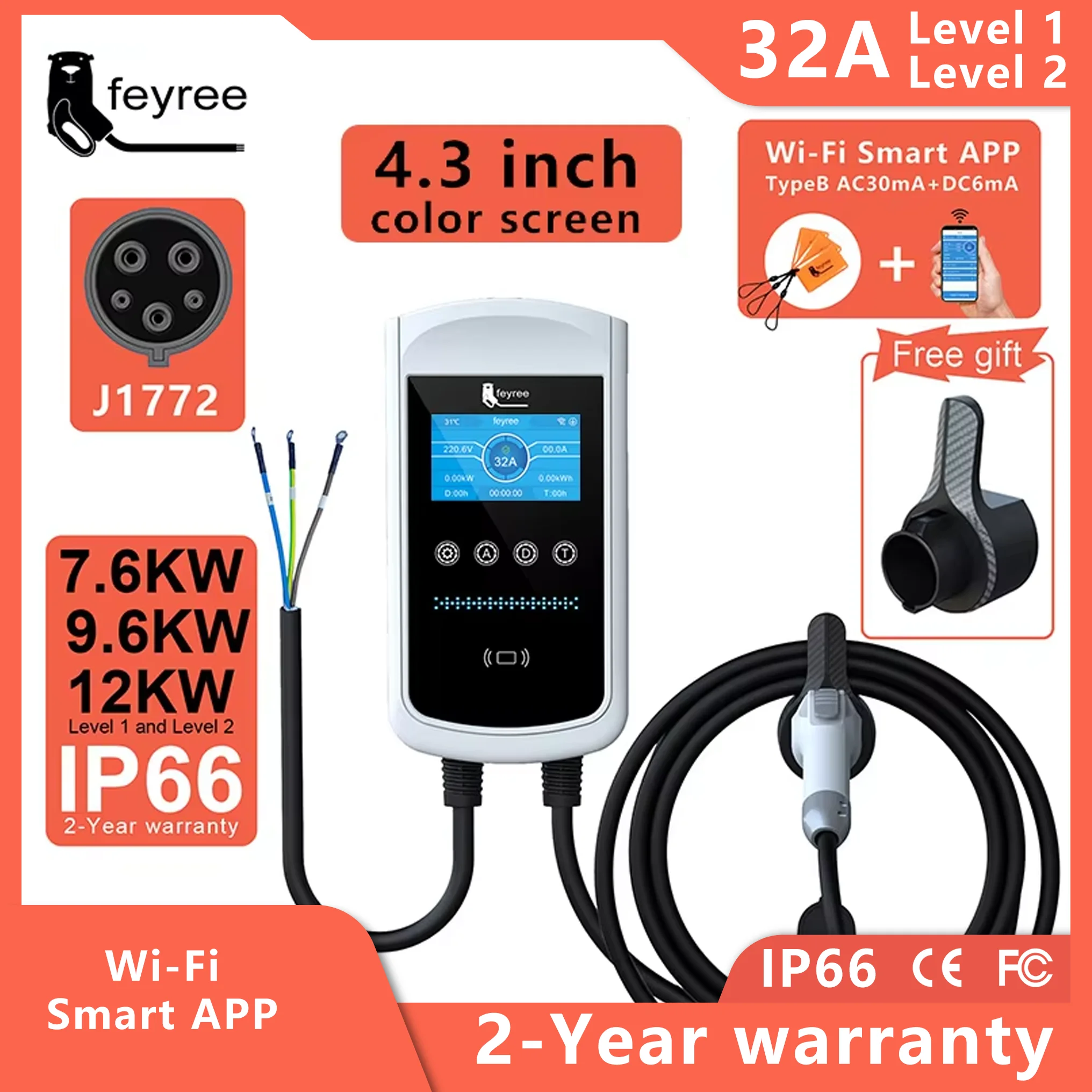 feyree EVSE Wallbox 32A 40A 50A 1Phase EV Charger Type1 Smart APP Control Wall-mounted Charging Station for Electric Vehicle Car