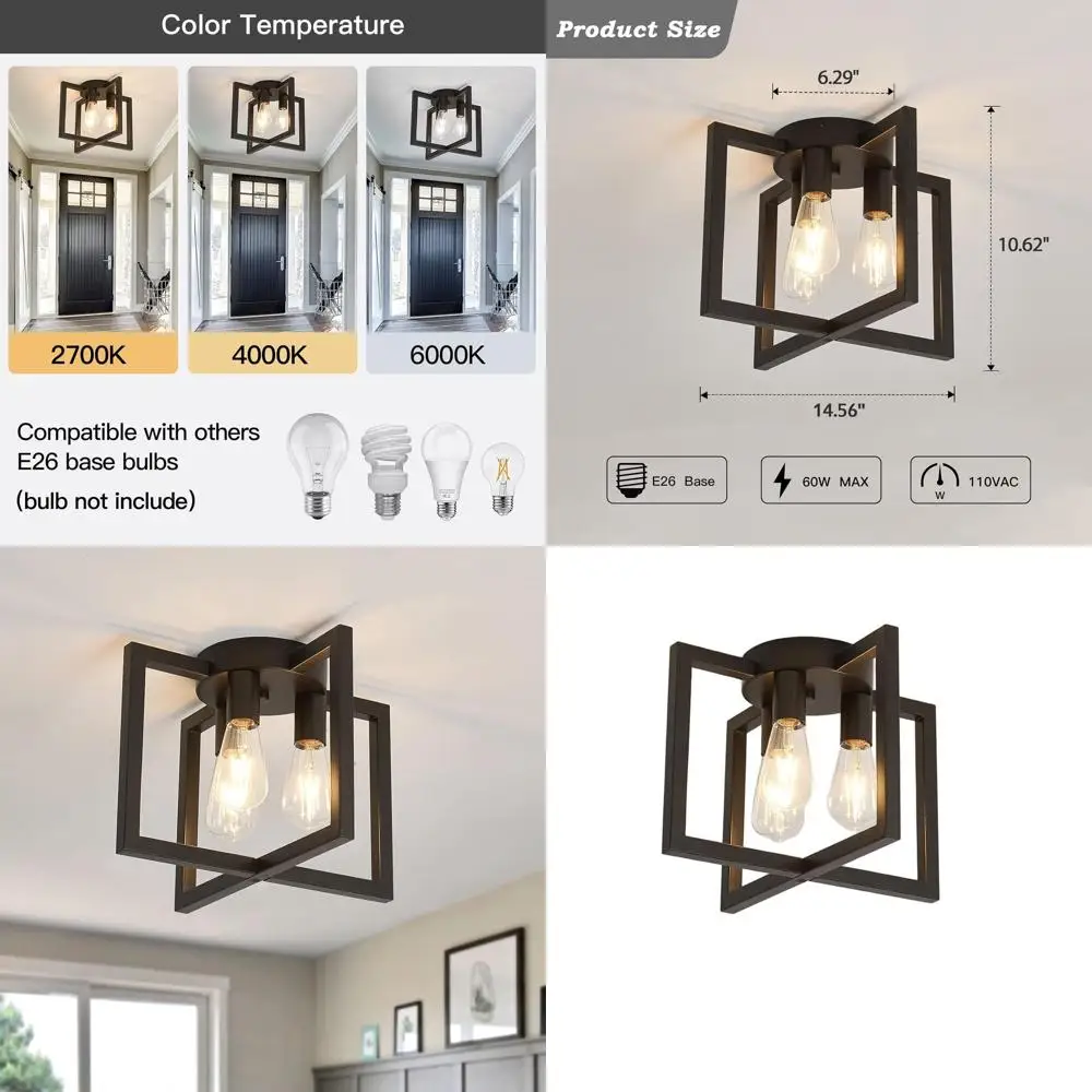 

Industrial-Style Black Semi-Flush Ceiling Light Fixture, Suitable for Kitchen, Living Room, Bedroom, and Hallway