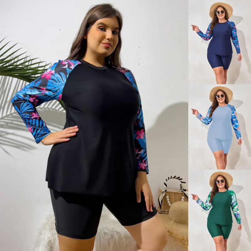New European and American Plus Size Swimsuit Two-Piece Long Sleeve Tankini Women's Surfing Swimwear