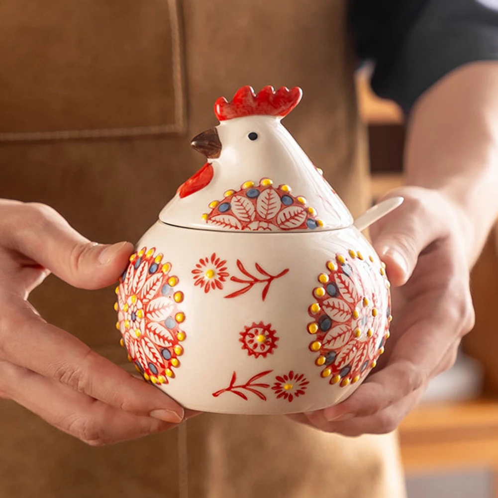 Ceramic Seasoning Storage Jar with Lid Chicken Shape Cute Chicken Cookie Organizer Pepper Salt Holder for Easter Party Decor