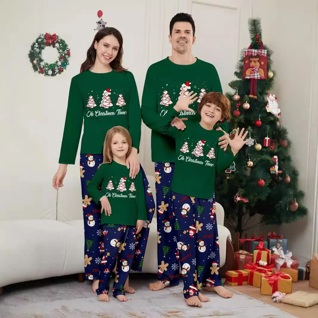 Green Christmas Tree parent-child pajama set family of three or four Christmas set series snowman printed home wear