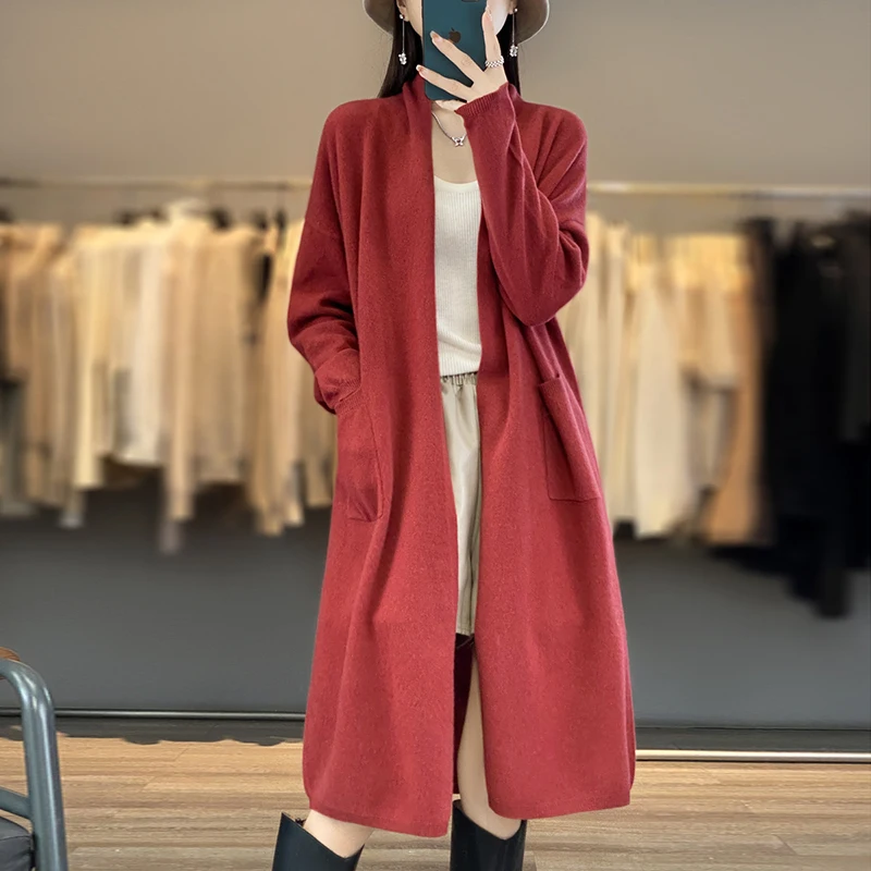 FRSEUCAG New Women\'s Cardigan 100% Wool Long Sweater Trend Fashion Knitted V-neck Long Sleeve Women\'s Pure Wool Coat Sweater