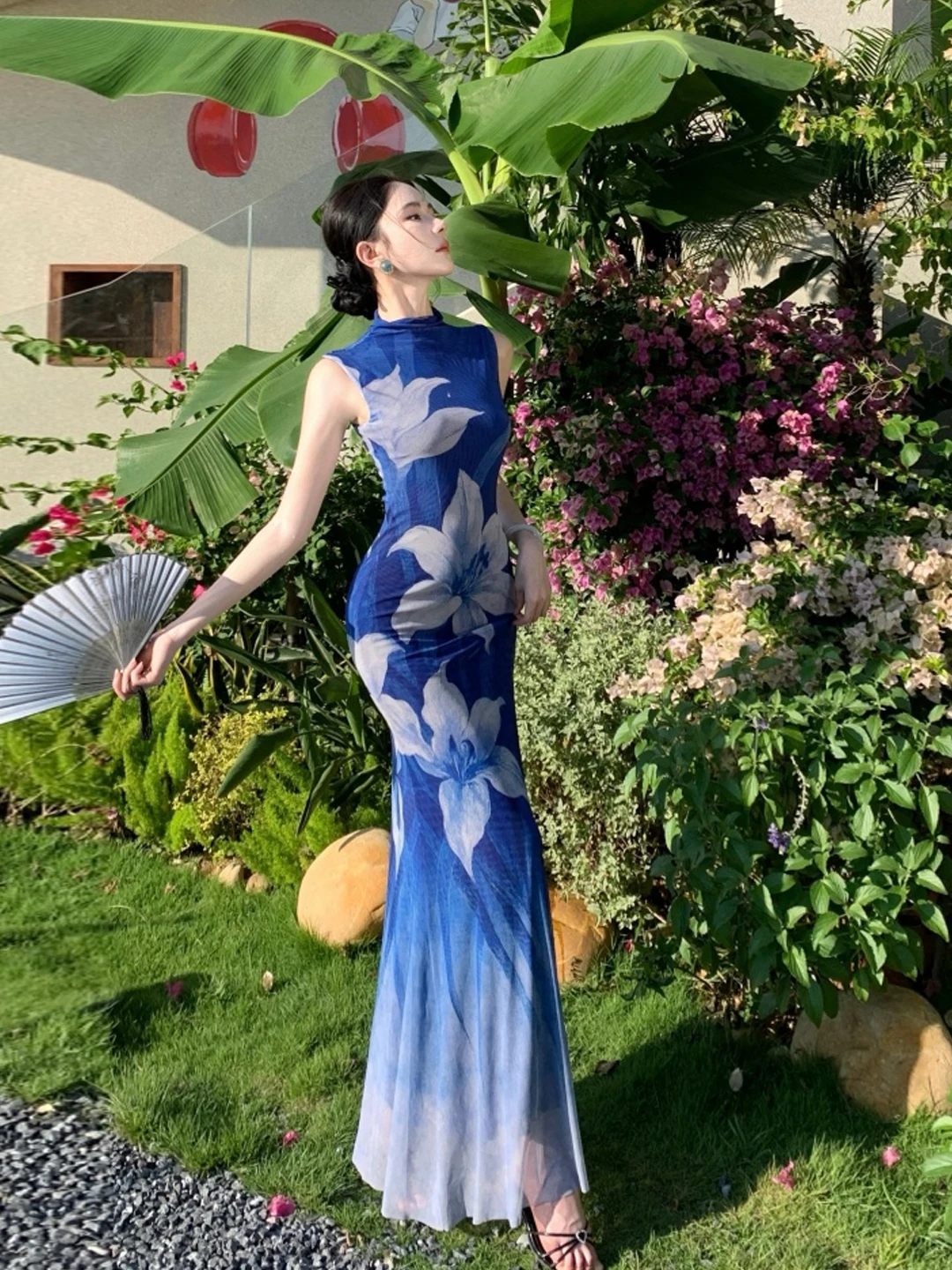 Bleu adient imprimé Fi Tail Qipao Dr Ele haut de gamme ajustement et jupe longue évasée Sle femmes été Faion respirant moi