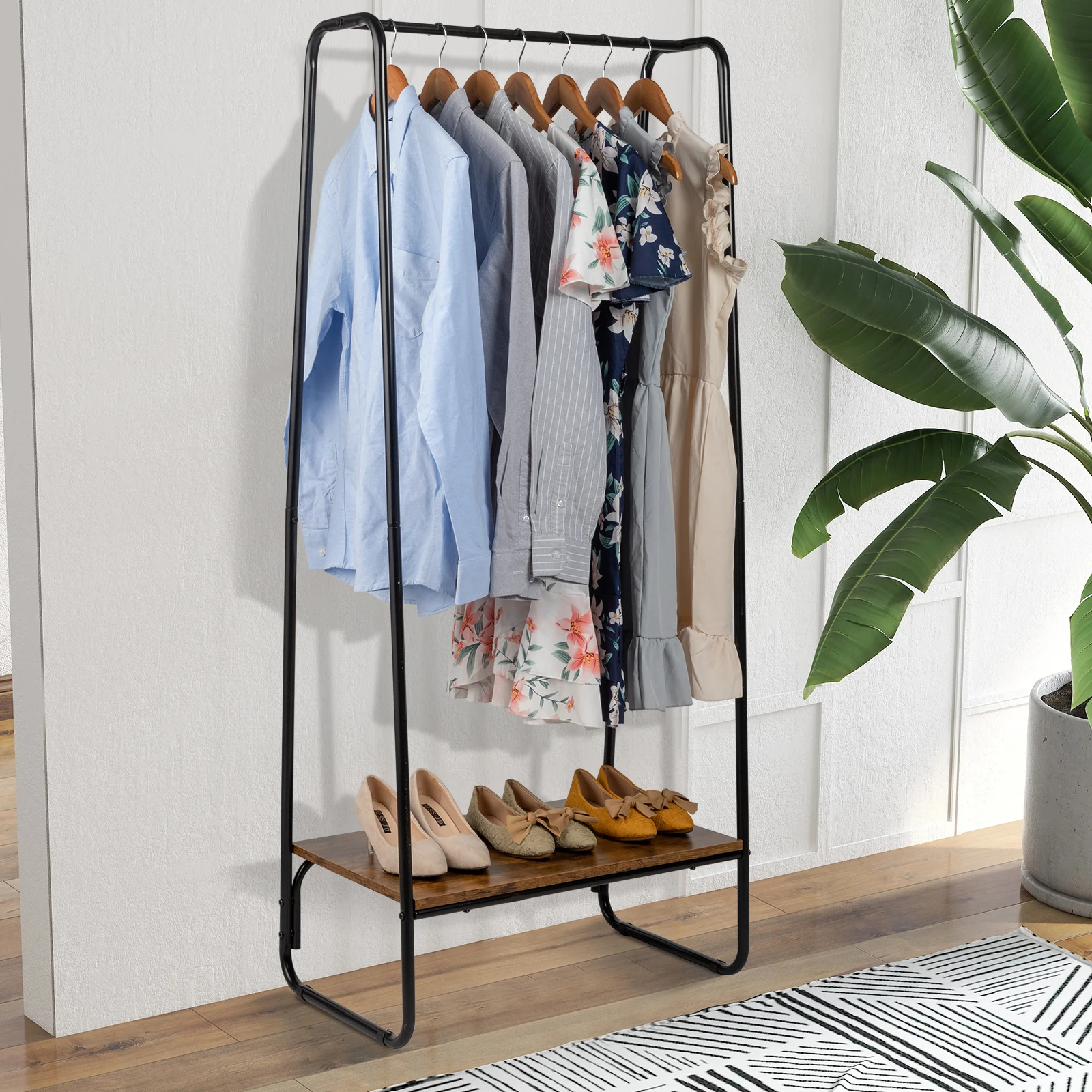 

Clothes Rack with Wood Shelf, Freestanding Clothing Rack，Garment Rack, Standing Metal Sturdy Clothing Rack, Black