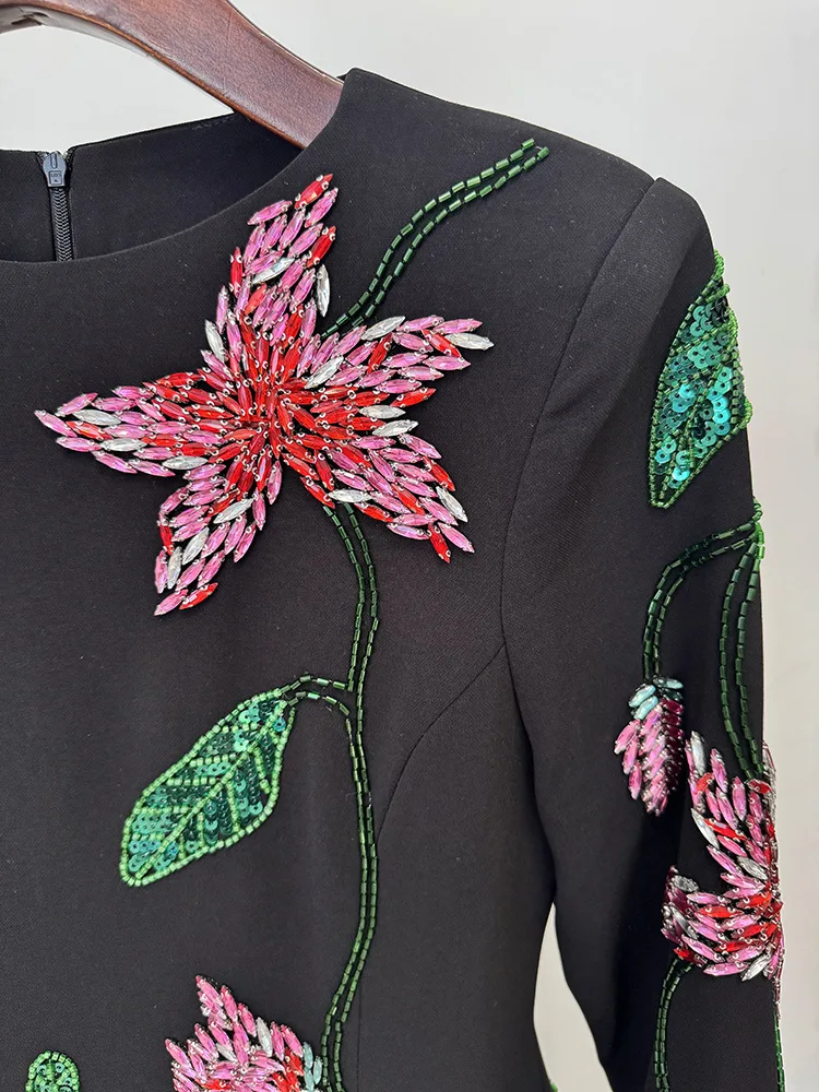 TOP QUALITY Newest Fashion 2025 Designer Party Vestido Women's Flowers Diamonds Beaded Slit Sleeve Long Maxi Dress