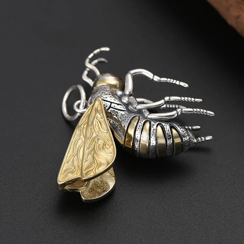 S925 Sterling Silver Bee Pendant Black Color Animal Wings Movable Brass Unisex Fine Jewelry FYNE428