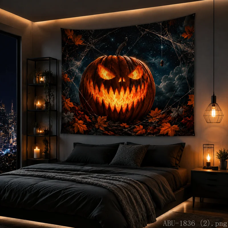 VIKAMA Dark Halloween Wall Tapestry Evil Jack-o-lantern Lightning Art for Bedroom Dorm Background Decor