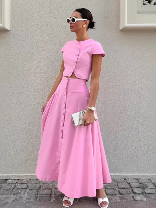 Pure Color Button Top And Skirt Set Women's Casual Sportswear High Waist Long Skirt Short Sleeve round Neck Two Piece Set