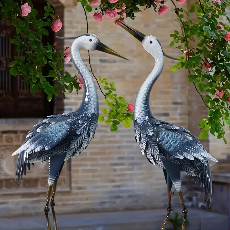 Rustic Blue Heron Metal Crane Statues, Outdoor Statues for Lawn, Backyard, Garden, Porch, Patio with Yard Art and Bird Sculpture