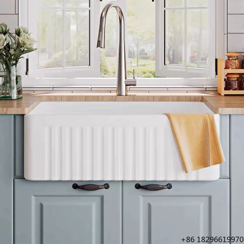 Farmhouse Deep Single Bowl White Ceramic Porcelain Fireclay Apron-Front Kitchen Sink Home Use