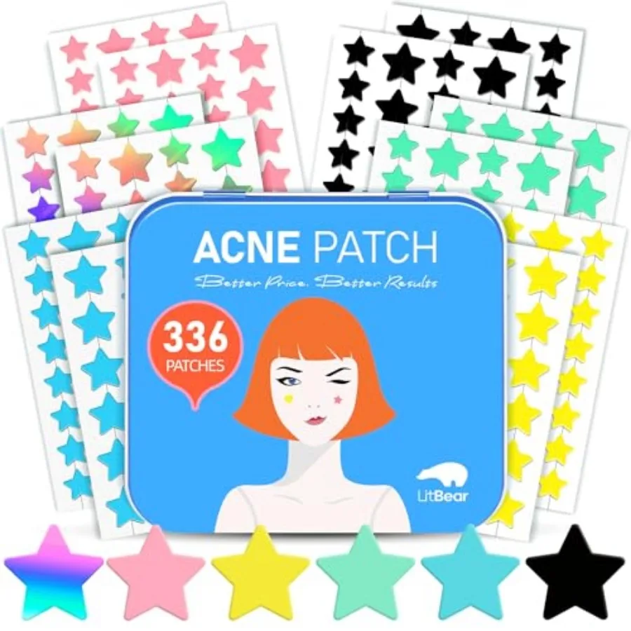 Acne Patch Pimple Patch, 6 Colors 336 Dots Star Pimple Patches with Case and Tea Tree Oil and Centella Oil, Hydrocolloid Acne P
