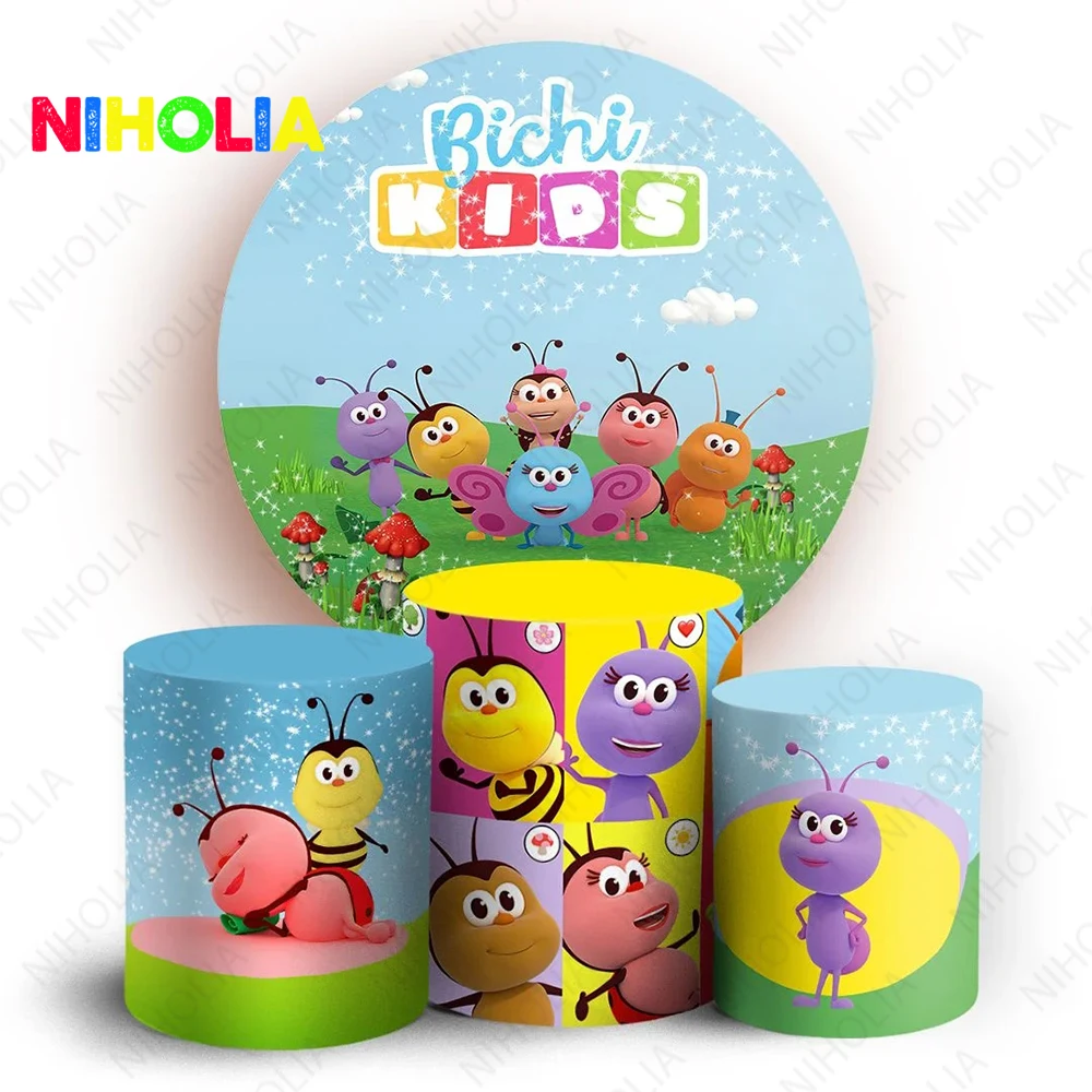 Niholia Bichi Kids Round Backdrop Kid Birthday Party Cute Colorful Bee Photo Photography Background Cake Table Cover Booth Props