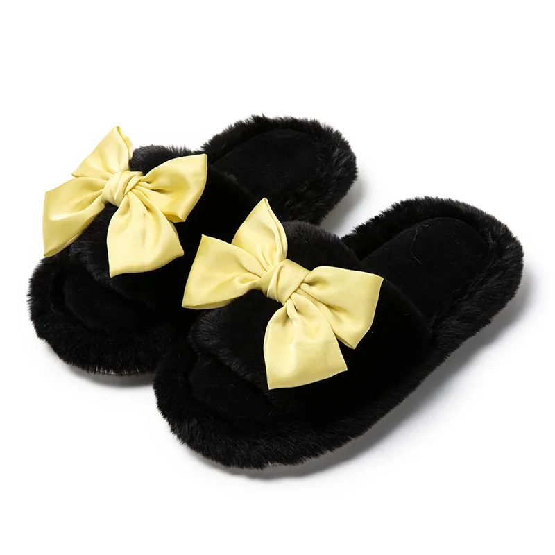 Ribbon Bow Women Home Slippers 2024 Autumn Winter Plush Solid Female Flat Slippers Soft Sole Non Slip Floor Lady Indoor Shoes