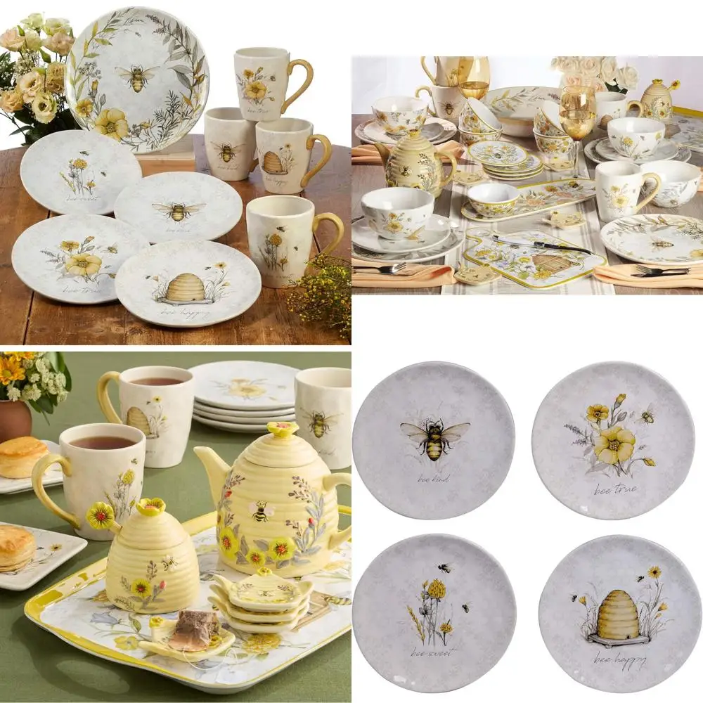 

4-Piece Bee & Floral Ceramic Salad/Dessert Plates Set with Inspirational Quotes, Cottagecore Style for Spring and Daily Dining