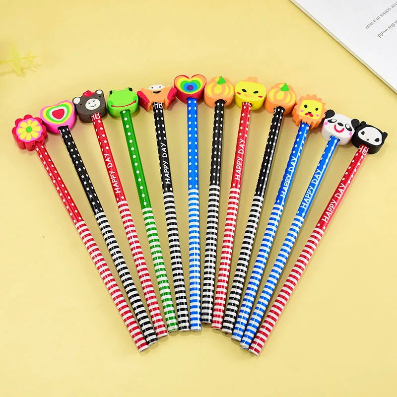 5pcs Random Wooden Pen With Cute Removable Eraser Cartoon Animal Pencils Students Creative Stationery Erasable Correction Pencil