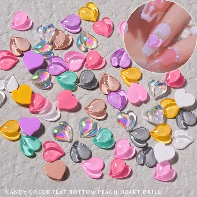 10pcs flat bottom peach heart resin rhinestones, lovely 3D water peach nail charms for sweet manicure decorative ornaments