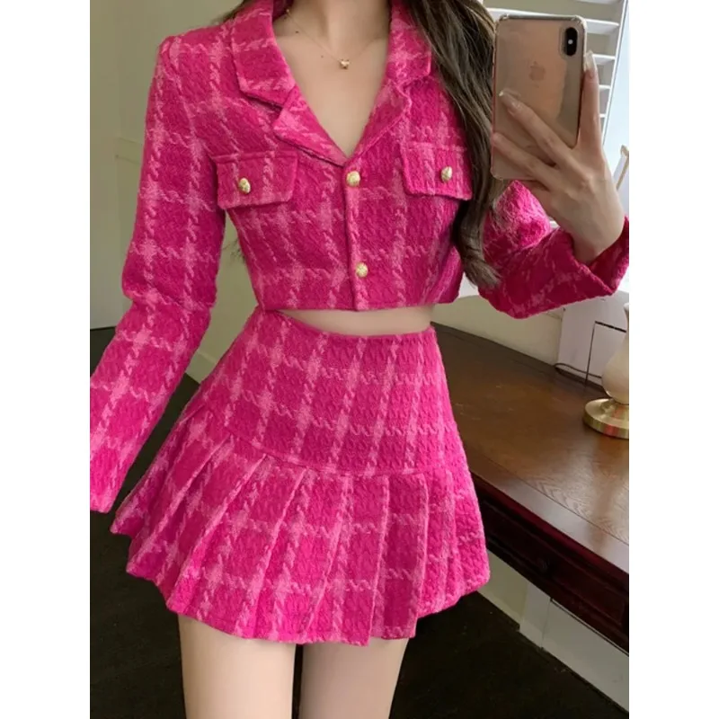 

Fall Small Fragrance Vintage Tweed Two Piece Set Women Crop Top Woolen Short Jacket Coat + Mini Skirts Sets Sweet 2 Piece Suits