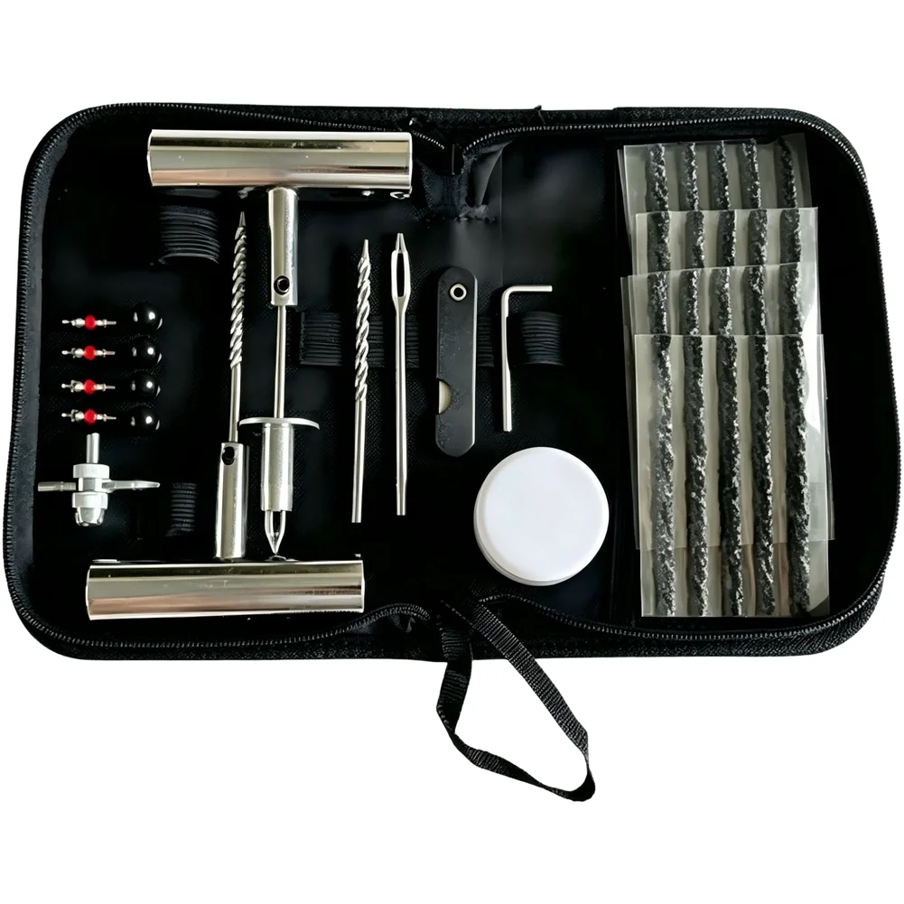 36 Piece Motorcycle Car Tire Repair Kit with Carbon Steel Needles Fork Tool Reaming Drill Bit Hex Wrench Pouch