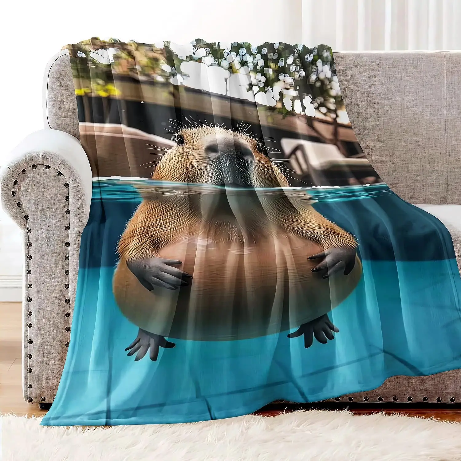 Cartoon Plump Capybara Swimming In Blue Pool Vivid Nature Picture Fleece Blanket Living Room Bed Travel Relax Home Decor Blanket